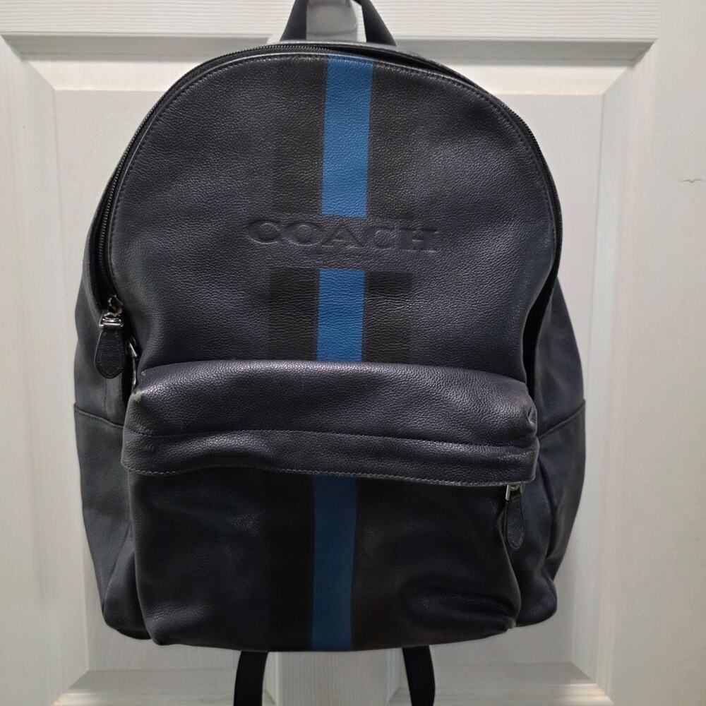 Coach Charles Backpack Pebble Leather Midnight Navy Varsity Stripe